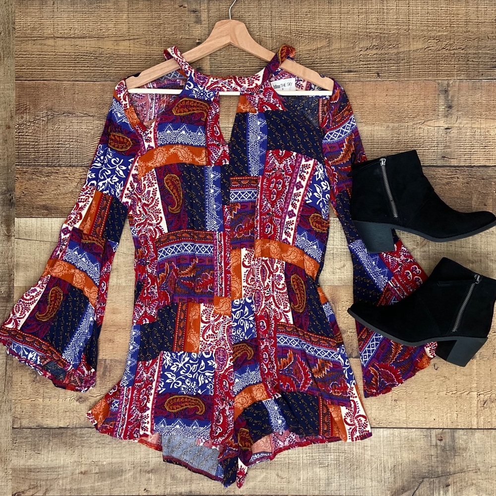 KISS THE SKY Darling Patchwork ROMPER💖 Bell sleeve